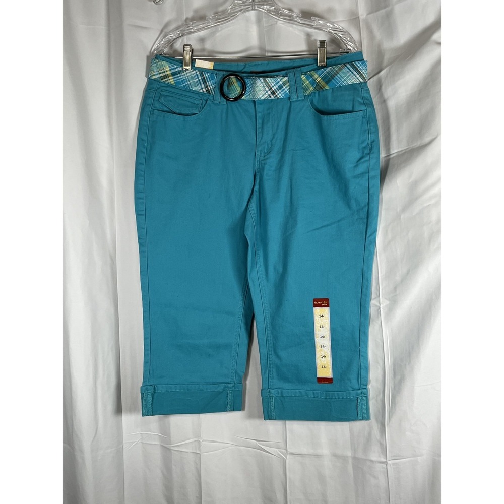 NWT St Johns Bay‎ Women Size 14 Petite  Scuba Blue Denim Capri  With Belt
